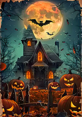 Vintage Bats Full Moon Haunted House Metal Sign Halloween Wall Decor 8×12 NEW