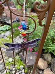 Sun Catcher Dragonfly on glass beads string, artwork from broken stained glass
