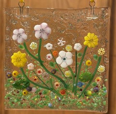 Fused Glass Handmade Square 4”x 4” Multicolor Sun Catcher Signed By Artist