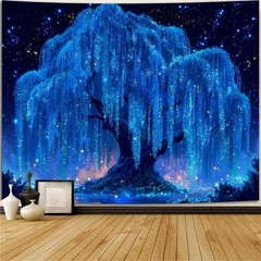 Blacklight Starry Night Tree Tapestry, UV Reactive Neon Willow Tree of Life Wall