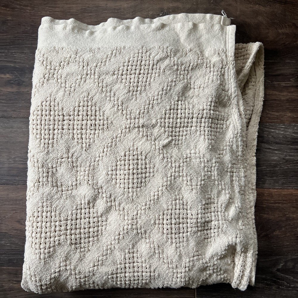 Vintage Knit/ Woven 100% Cotton Blanket, US, Cream Tan Brown