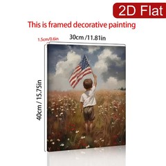 Boy Holding American Flag in Wildflower Field Canvas Wall Art, Patriotic Decor
