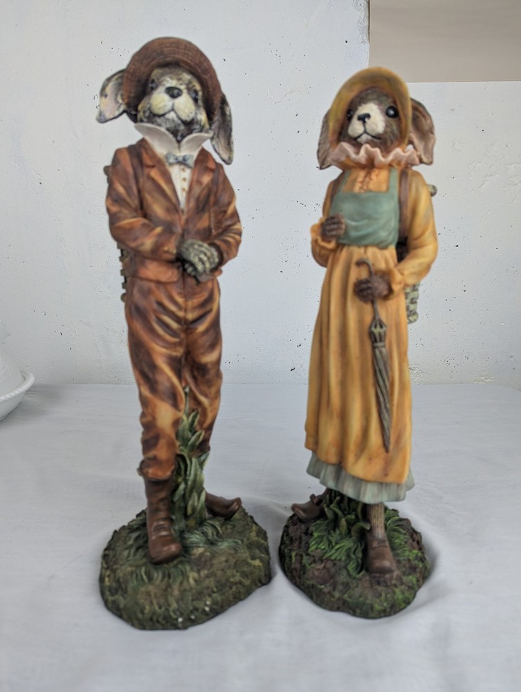 Henri Chrisdon Mr Rabbit & Mrs Rabbit Statues Figures Resin 21″ & 19″ Set