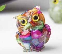 Mini Resin Owl Figurine Inlaid Natural Stones Tiny Decorative Desk Shelf Decor