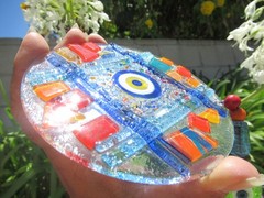 Fused Glass Round Evil Eye Mosaic Decor Wall Hanging, ~10″ long, 5″ diameter