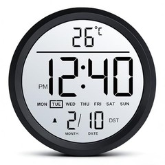 8″ Round LCD Digital Wall Clock Battery Operated with Temperature and Black