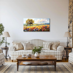 Spring Landscape Canvas Art – Colorful Tree & Wildflower Wall Decor 20×40 Inch