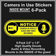 Camera in Car Recording Video 6-Pack INSIDE MOUNT Decals Black Yellow 3″ x 1″