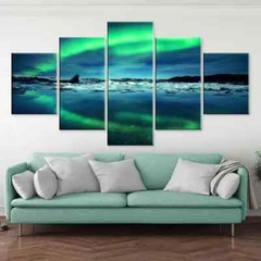 Aurora Borealis Northern Lights Sky Lake View 5 Piece Panel Canvas Wall Art