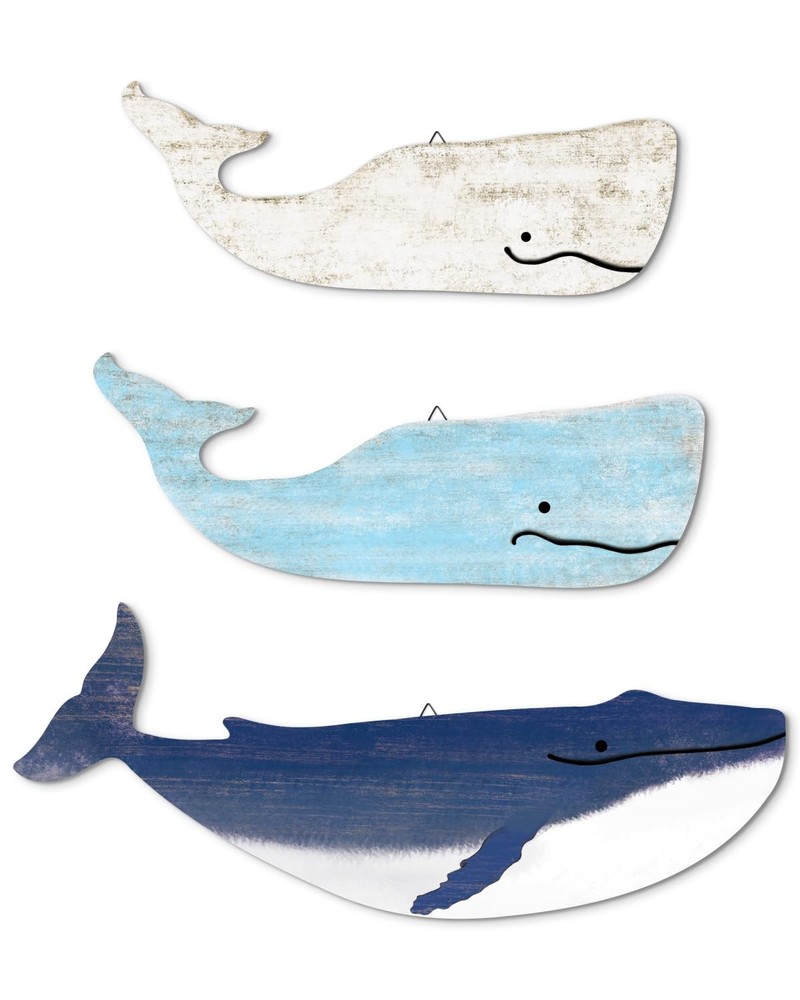 Blue White Whale Wall Decor Wooden Nautical Beach Coastal Home Hanging Art