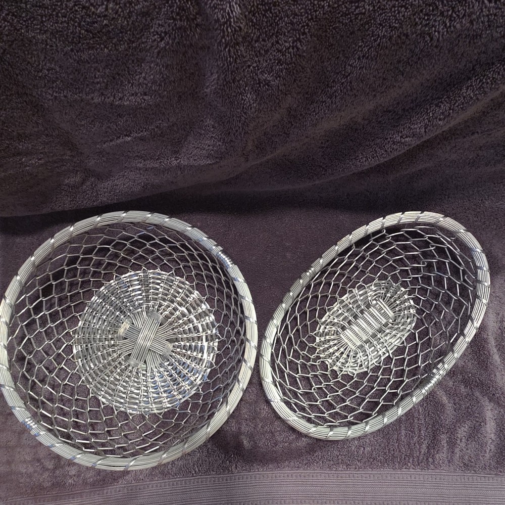 Set of 2 Silver Woven Wire Metal Baskets Round & Oval Freestanding Medium