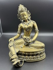 Antique Early-Mid 20th C. Hand-Cast Bronze Deity Statue – Seated Goddess