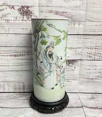 Vintage Mid 20th Century Chinese Cylindrical Vase with Stand Multicolor