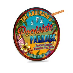 Personalized Family Pool Decor Sign Poolside Paradise 14″ Round 100142002015