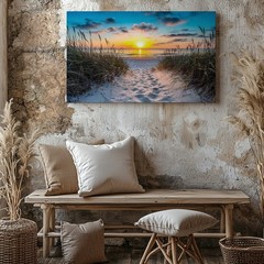 Sunset Beach Path Canvas Wall Art Coastal Ocean Landscape Nature Print Decor