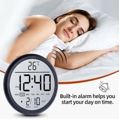 8″ Round LCD Digital Wall Clock Battery Operated with Temperature and Black