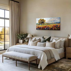 Spring Landscape Canvas Art – Colorful Tree & Wildflower Wall Decor 20×40 Inch