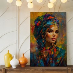 Colorful Turban Woman Portrait Canvas Wall Art Ethnic Abstract Painting Home