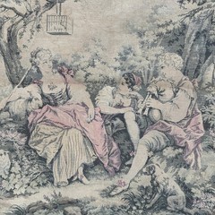 Vintage French Country Tapestry Fabric Panel Pastoral Scene Figures Sheep Birds