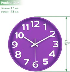 12-Inch Modern Purple Wall Clock, Silent Non-Ticking, Large Numbers, Accurate…