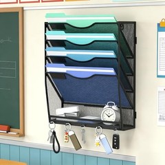 5-Tier Hanging Wall File Organizer with 5 Hooks – Wall Mounted Mail 4+1 Tier