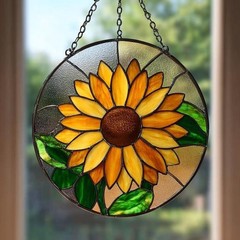 Golden Sunflower Stained Glass Suncatcher, Bright Yellow Window Hanging
