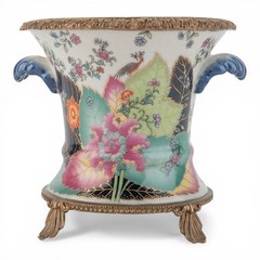 PORCELAIN TOBACCO LEAF PETITE PLANTER WITH BRONZE ORMOLU-6” x 5.5”H