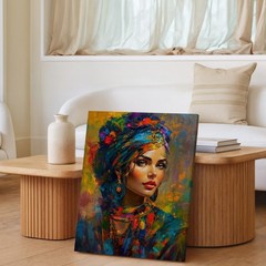 Colorful Turban Woman Portrait Canvas Wall Art Ethnic Abstract Painting Home