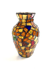 Stained Glass Vase Mosaic Hand Made Amber Gold Red Blue Green 10in Colorful
