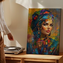 Colorful Turban Woman Portrait Canvas Wall Art Ethnic Abstract Painting Home