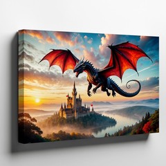 Majestic Black Dragon With Crimson Wings Soars Through A Vibrant Sunset Wall Art