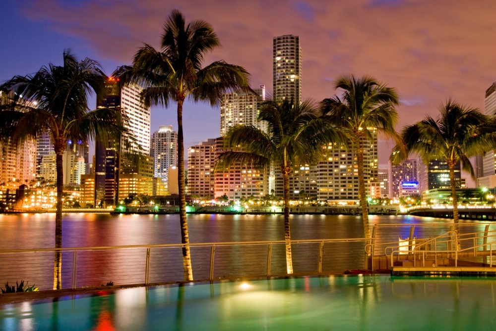 MIAMI SKYLINE SUNSET GLOSSY POSTER PICTURE PHOTO florida palm trees lights 1483