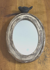 Vintage Small Rustic Farmhouse Oval Wood Frame Bird Mirror 8.5″ x 6.5″