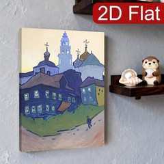 Russian Village Church Landscape Canvas Wall Art, Colorful Folk Art Home Decor