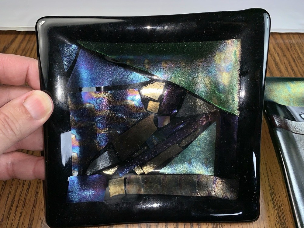 Iridescent Dichroic Fused Art Glass Small Trinket Dish 7” Hackett Studio Artist