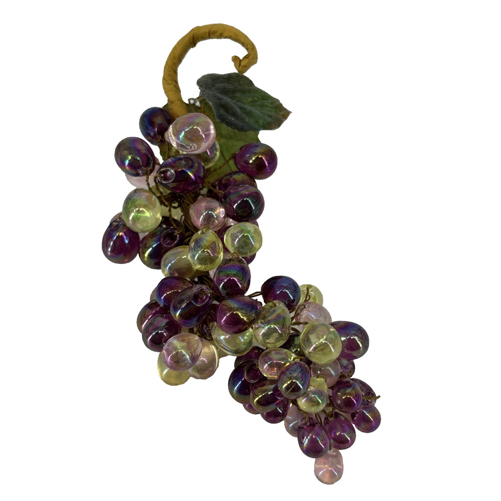Vintage Lucite Iridescent Multicolor Grape Cluster Sugared Leaves 8″