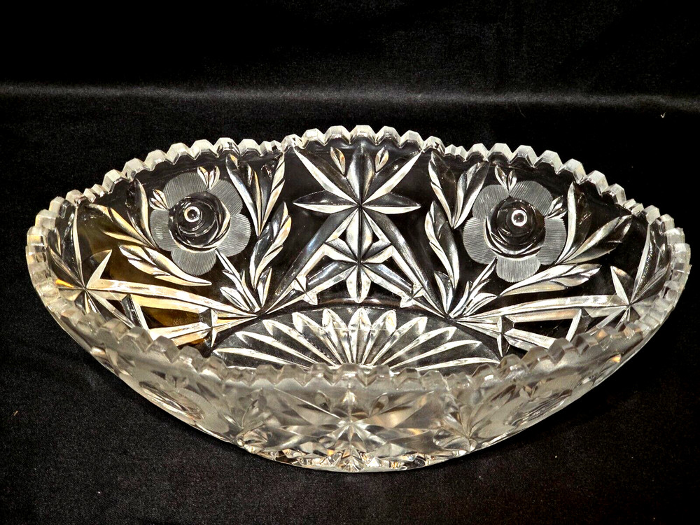 McKee Innovation Cut Glass Oval Decorative Fruit Bowl Sawtooth Rim 10″ Antique