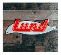 Lund Metal Sign, Custom Shaped w/ Embossed Retro ‘Noen’ Logo LUN-63008