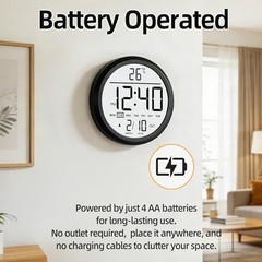 8″ Round LCD Digital Wall Clock Battery Operated with Temperature and Black