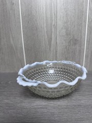 Vintage Clear Opalescent Hobnail Ruffled Edge Glass Bowl Dish with Handles