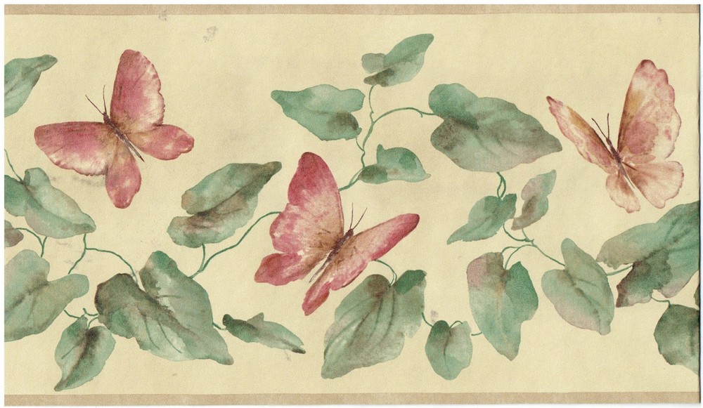 * BUTTEFLIES VINES AND LEAVES TAN EDGES Wallpaper bordeR Wall decor NATURE
