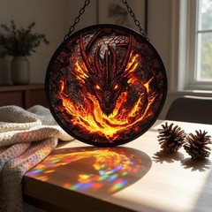 Fire Dragon Glass Suncatcher Round Stained Glass Style Window Hanging Decor Home
