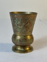 Vintage Indian Brass Etched Goblet Vase Floral Enamel Decor India 4.5”