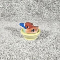 Vintage Duck in Wash Tub Trinket Box Yellow Japan Ceramic Miniature