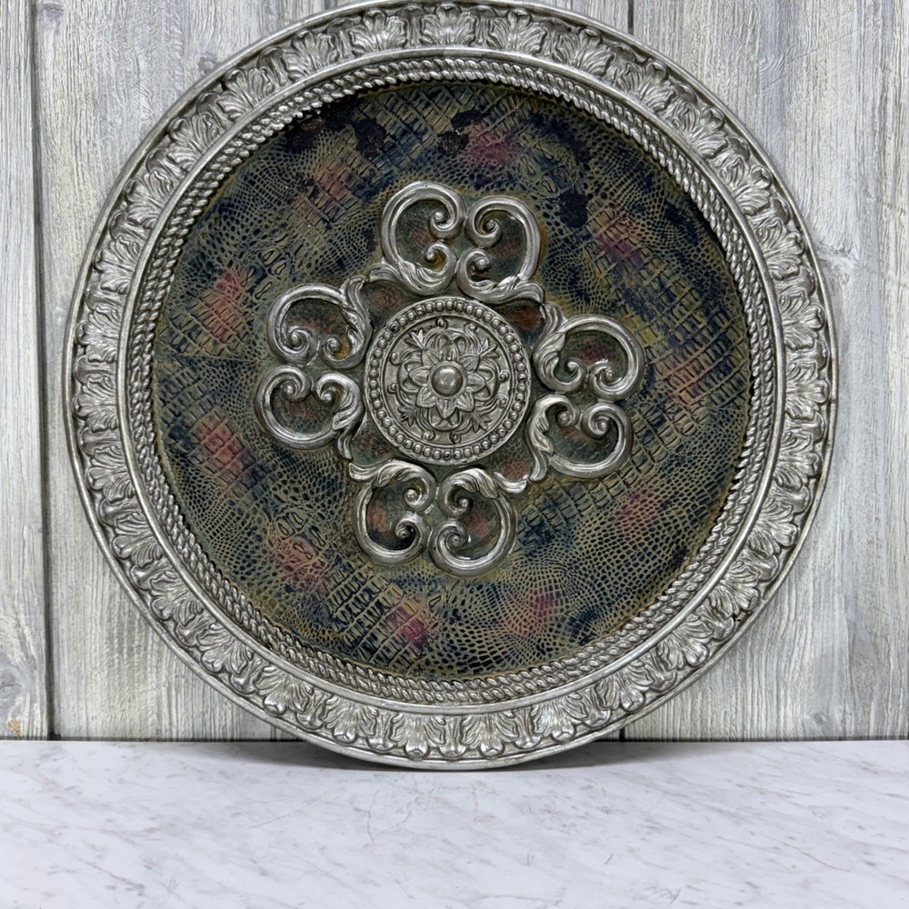 Ornate Silver Wall Plaque Faux Crocodile Texture Scrollwork Medallion 15.5″