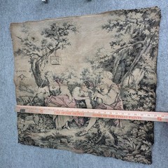 Vintage French Country Tapestry Fabric Panel Pastoral Scene Figures Sheep Birds