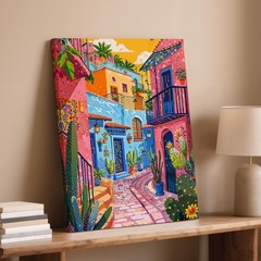 Colorful Mediterranean Street Scene Canvas Wall Art Vibrant Village Print Home