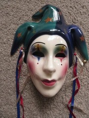 TWO Clay Art Ceramic Face Masks, Jester Art Deco Wall Decor