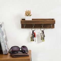 MyGift Dark Brown Wood Entryway Hanging Storage Shelf with 4 Metal Key Hooks