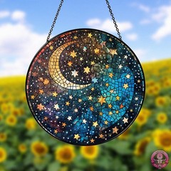 Moon and Stars Stained Glass Suncatcher – Celestial Round Hanging Window Panel